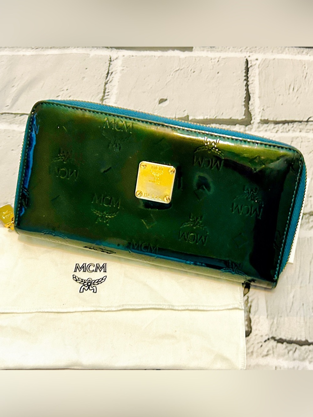 MCM Rare Dark Green Patent Zippy Long Wallet. Gold Hardware, Dark Teal Interior.